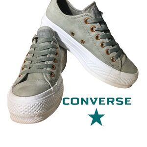 Converse Sz 6.5 Wmns CTAS Lift Low 'Dark Stucco' Green Leather Platform